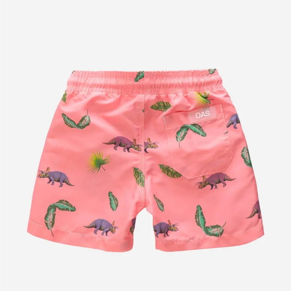 OAS Pink Dinosaur Print Kids Swim Trunks